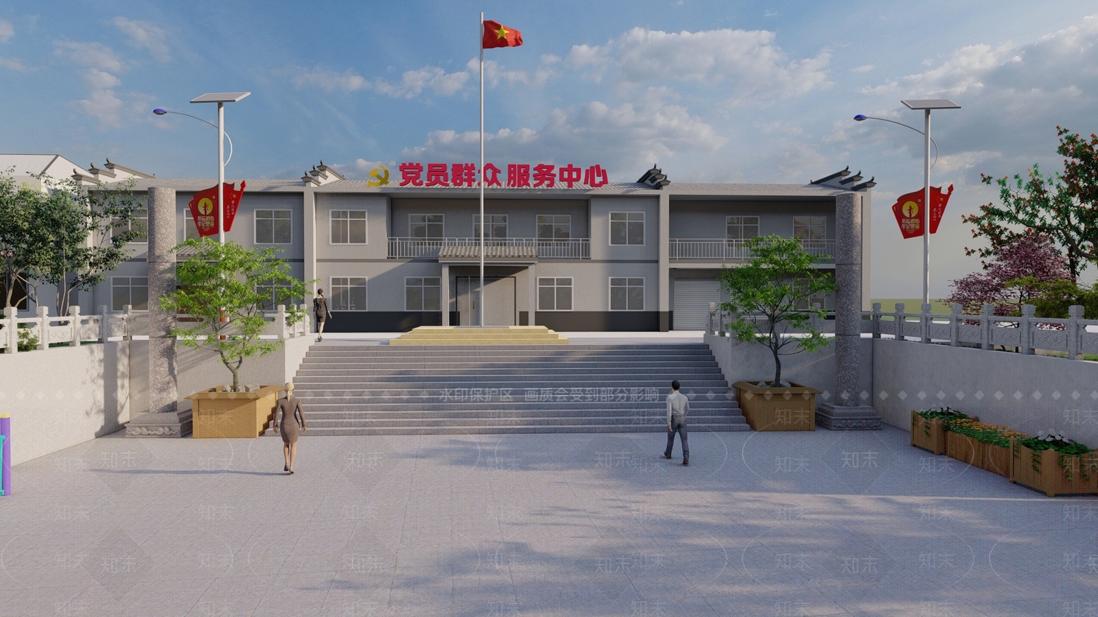 新中式党群服务中心小广场SU模型下载【ID:1154754412】
