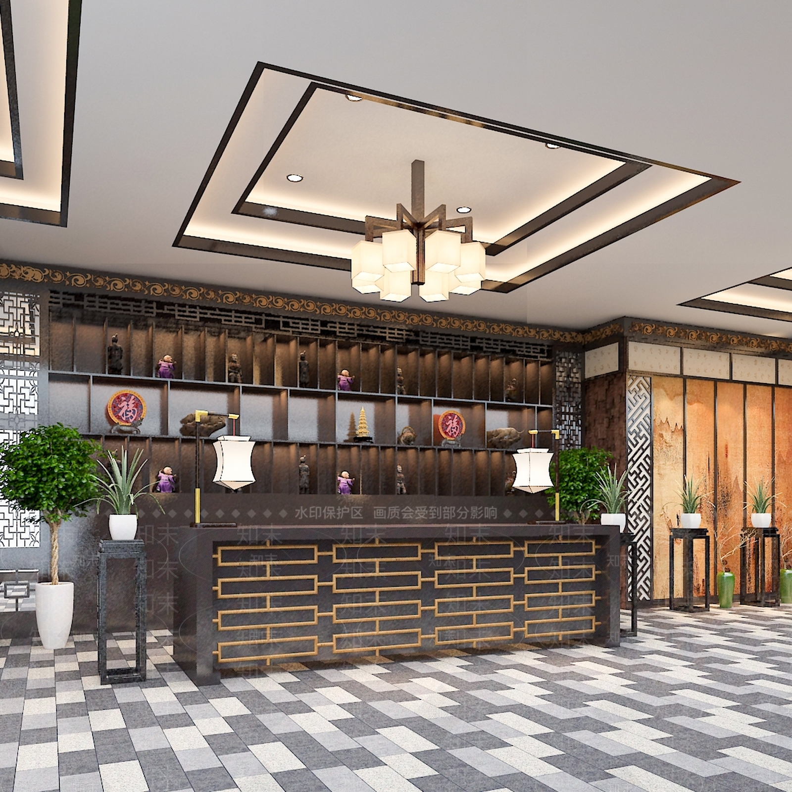 新中式中餐厅收银台SU模型下载【ID:1152549787】