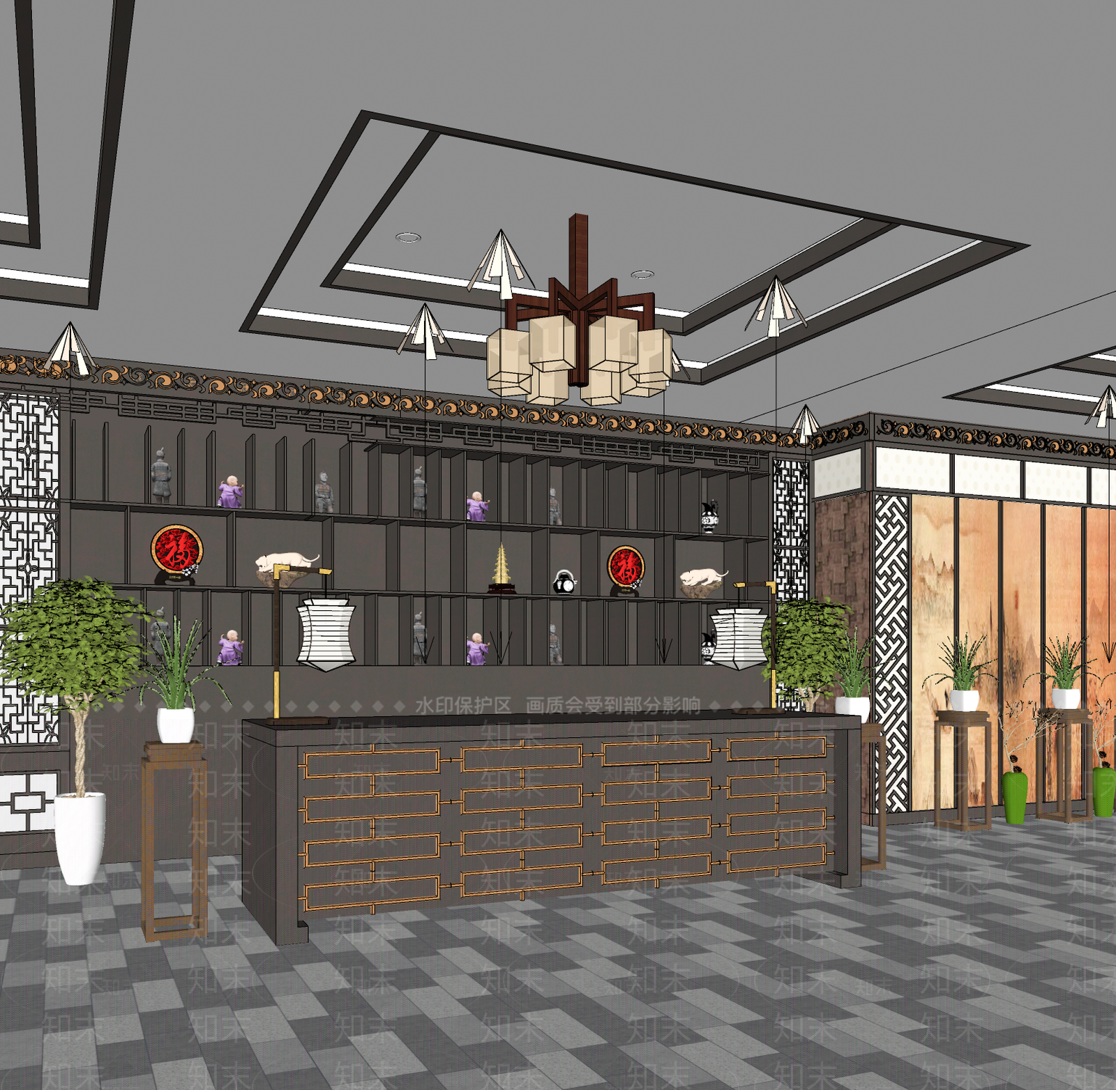 新中式中餐厅收银台SU模型下载【ID:1152549787】