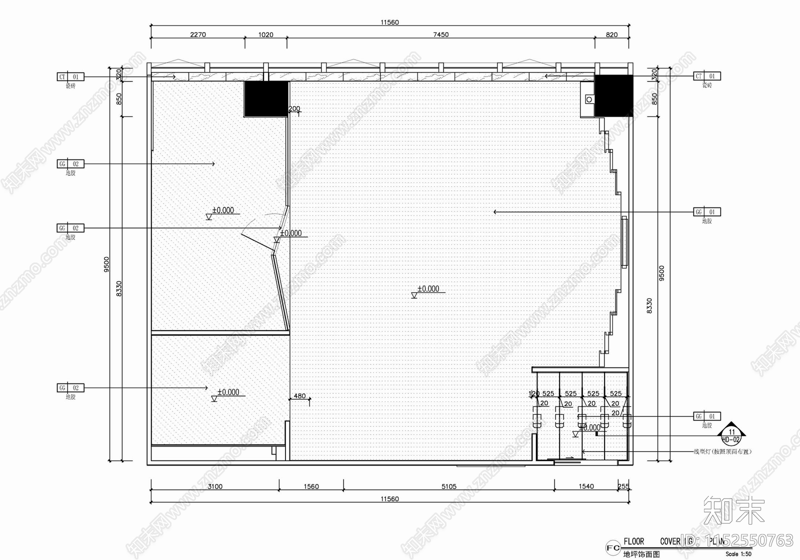 120㎡服装工作室办公室直播间cad施工图下载【ID:1152550763】