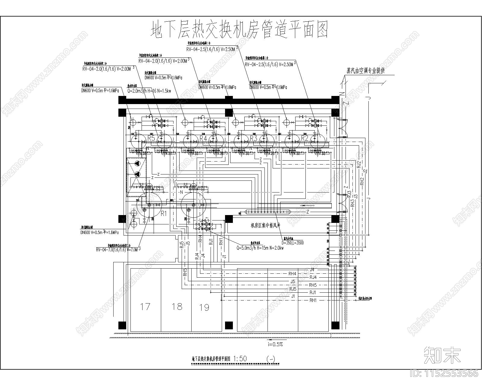 地下层热交换机房管道平面cad施工图下载【ID:1152553566】