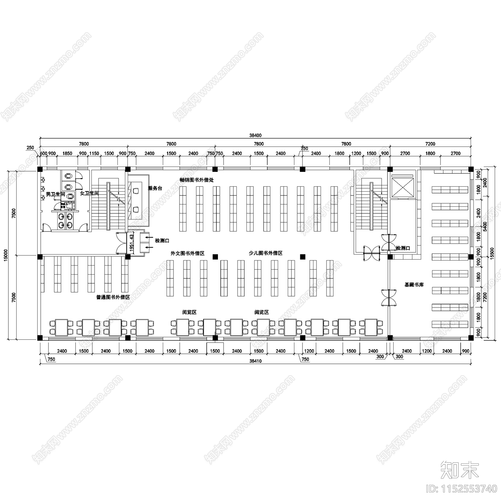 图书馆阅览室室内工装cad施工图下载【ID:1152553740】