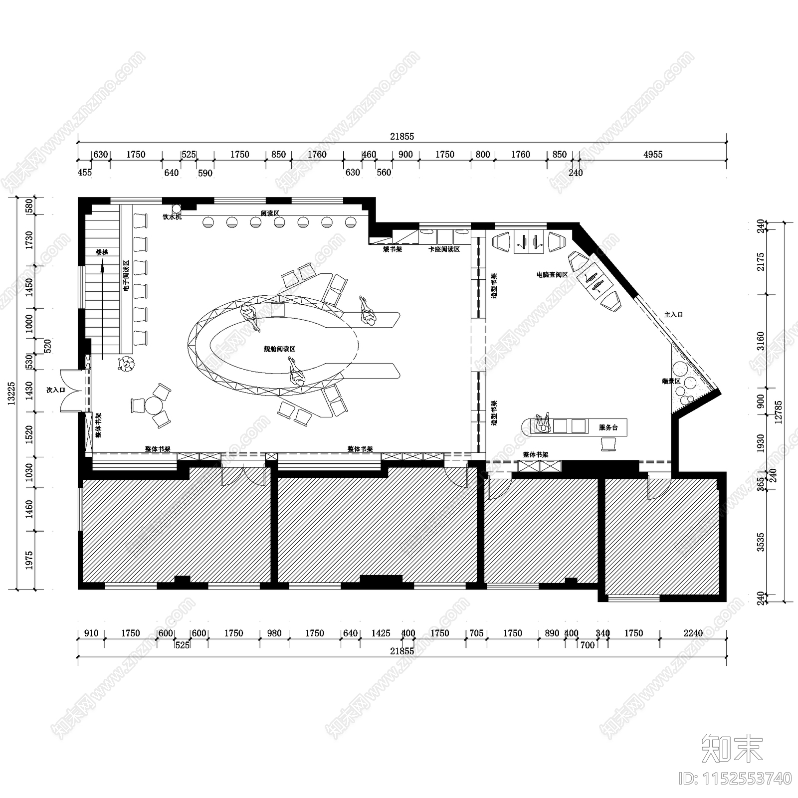 图书馆阅览室室内工装cad施工图下载【ID:1152553740】