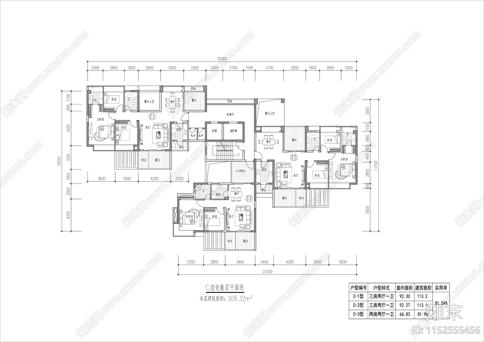 住宅C户型平面cad施工图下载【ID:1152555456】
