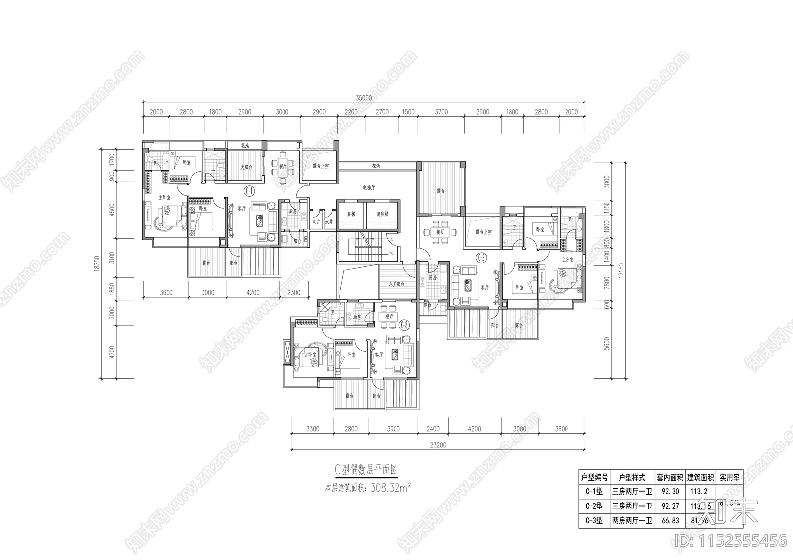 住宅C户型平面cad施工图下载【ID:1152555456】