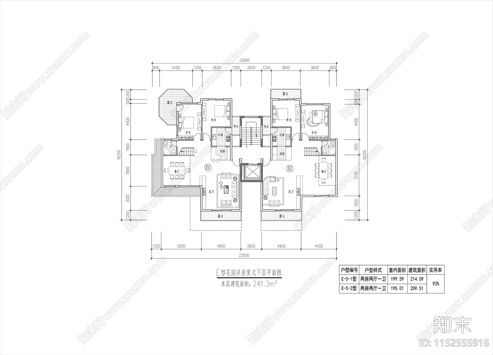 六层花园洋房各层平面图cad施工图下载【ID:1152555916】