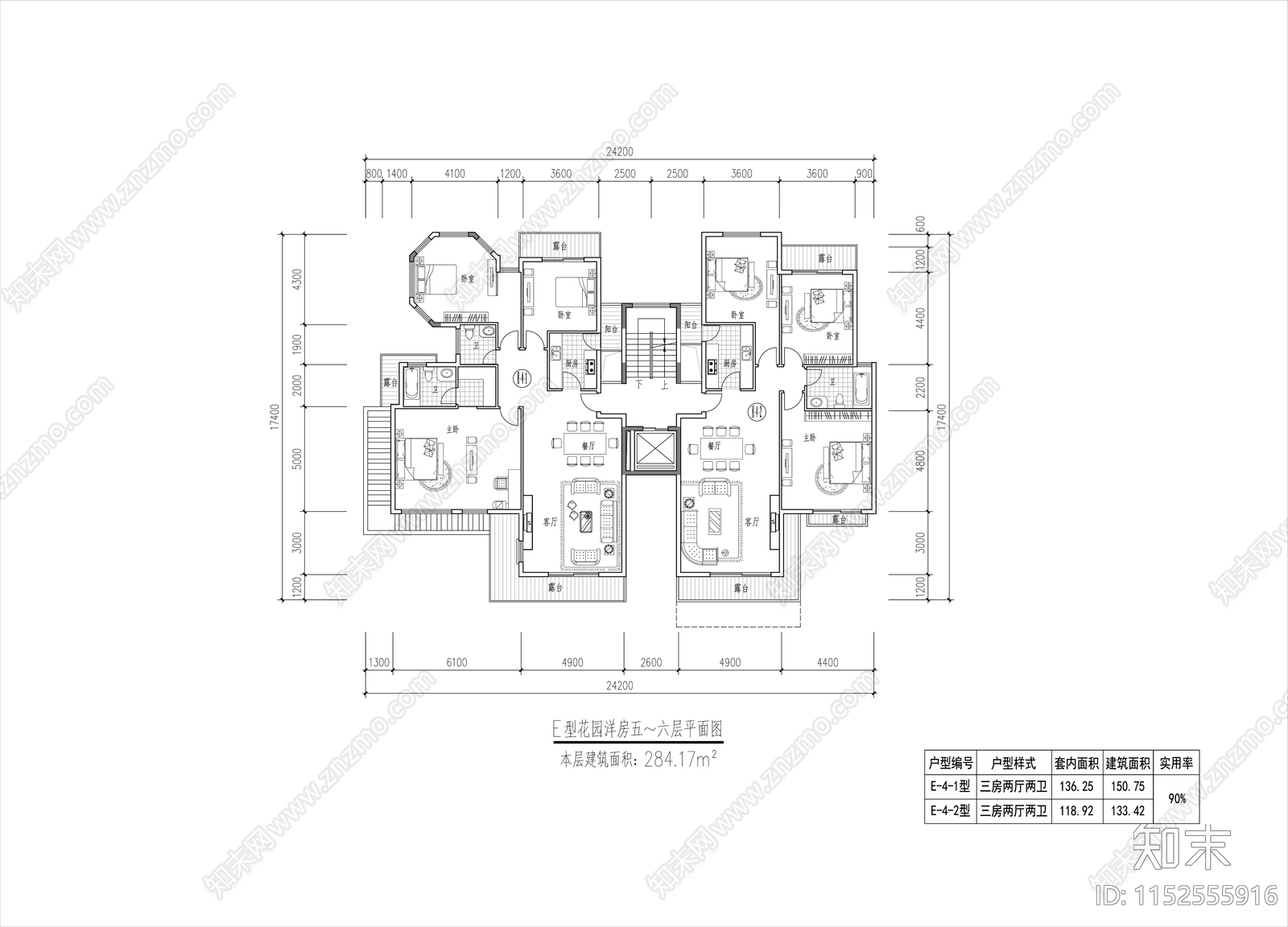 六层花园洋房各层平面图cad施工图下载【ID:1152555916】