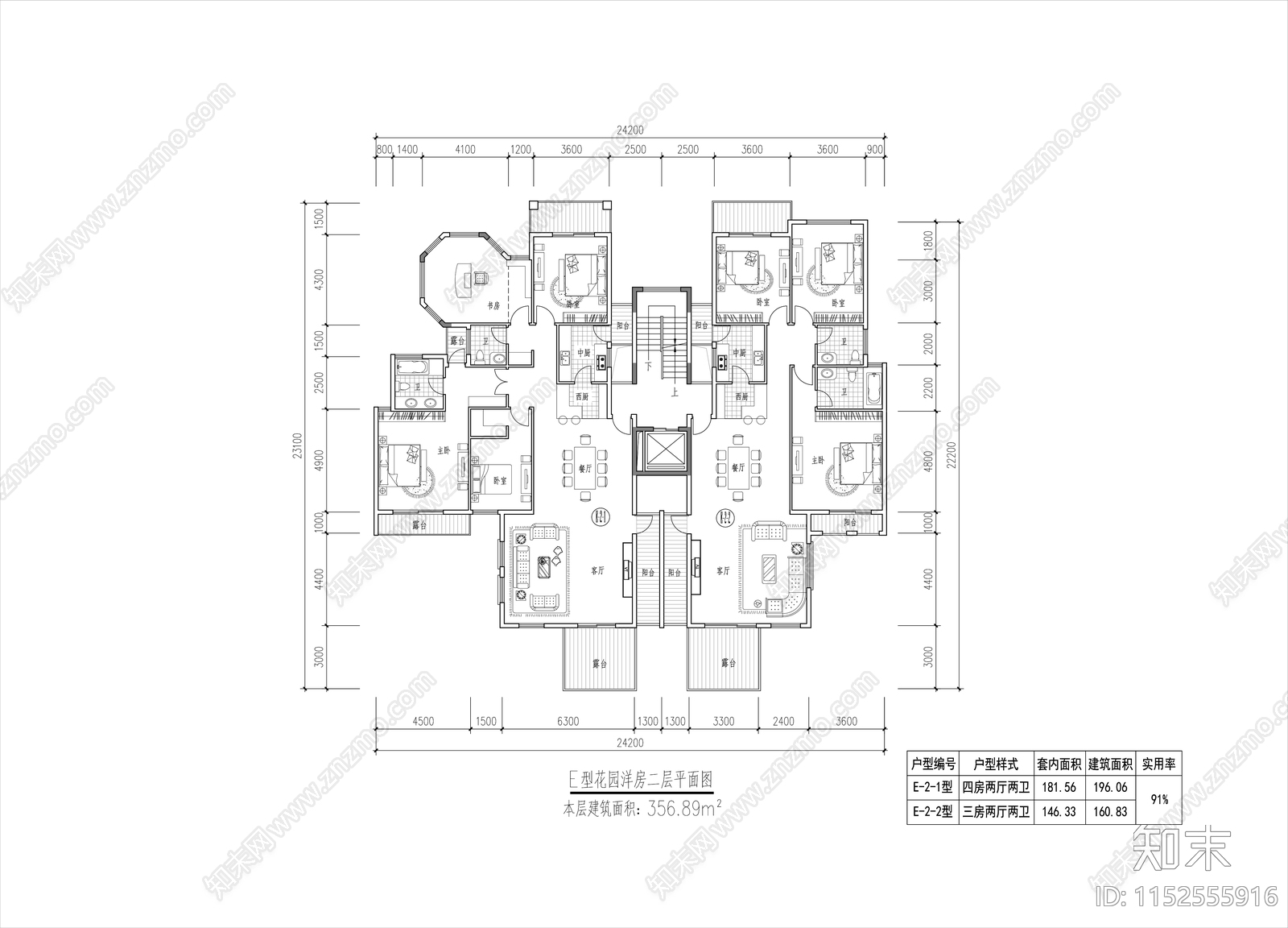 六层花园洋房各层平面图cad施工图下载【ID:1152555916】