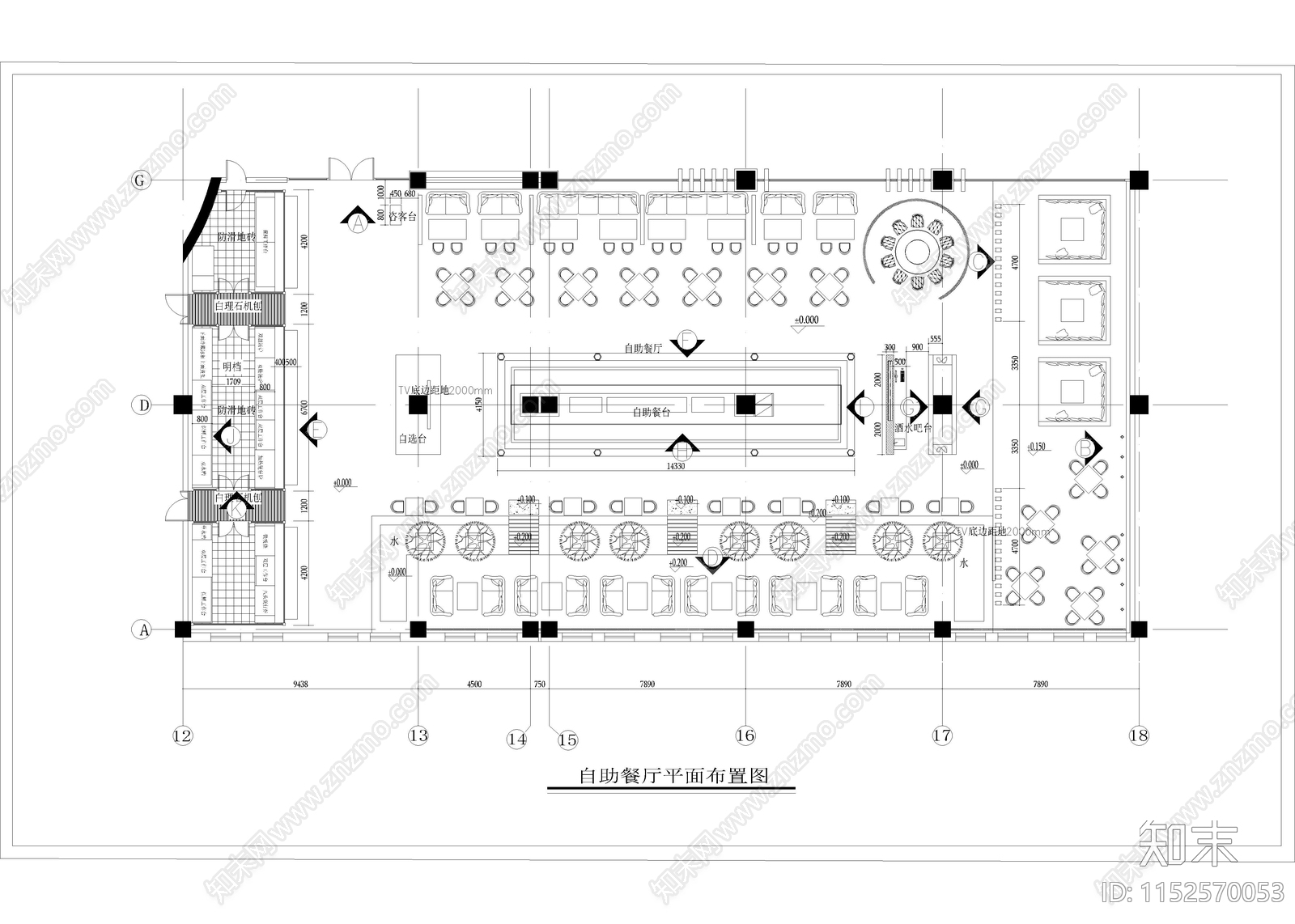 730㎡自助餐厅餐饮空间cad施工图下载【ID:1152570053】