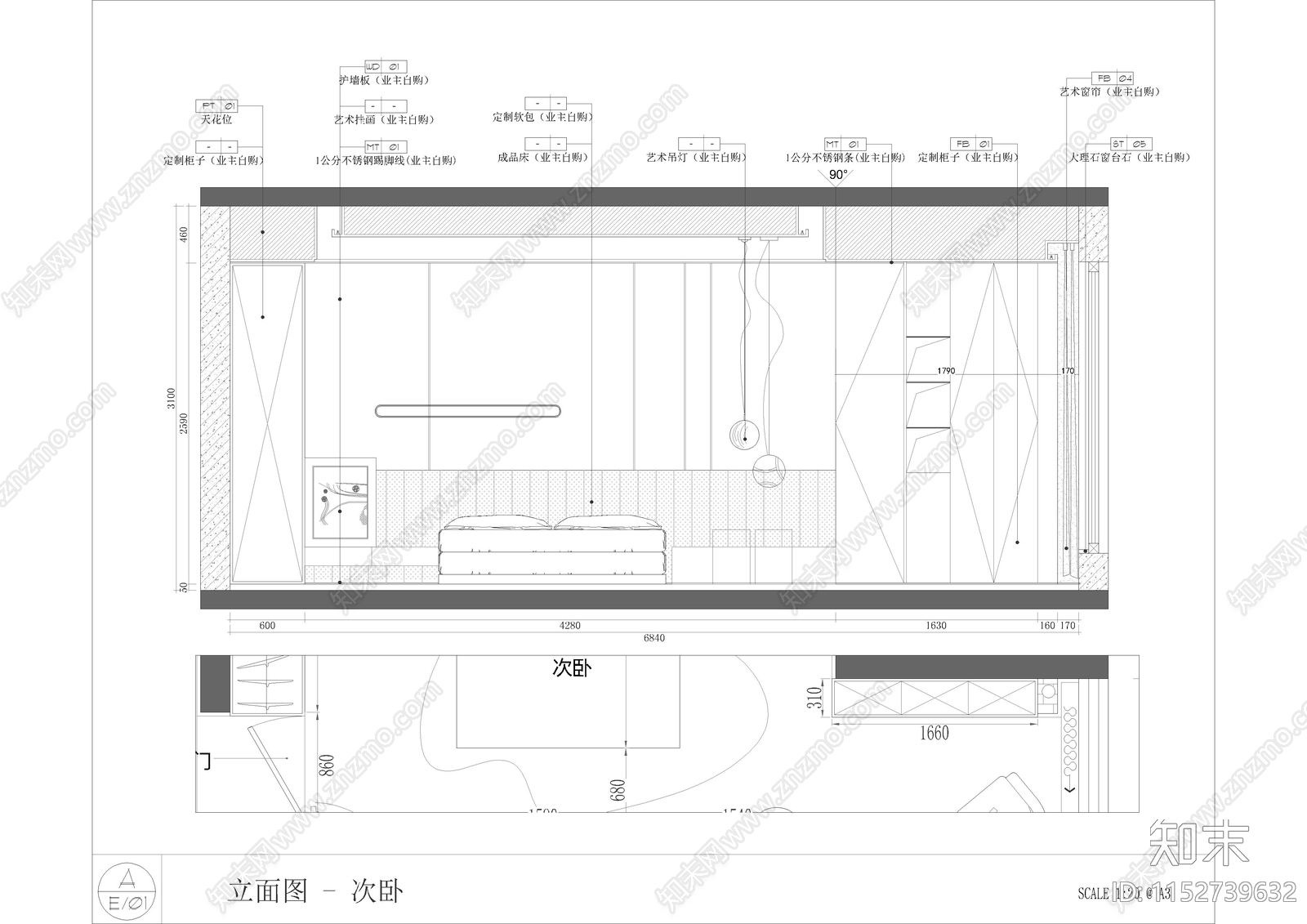 现代卧室cad施工图下载【ID:1152739632】