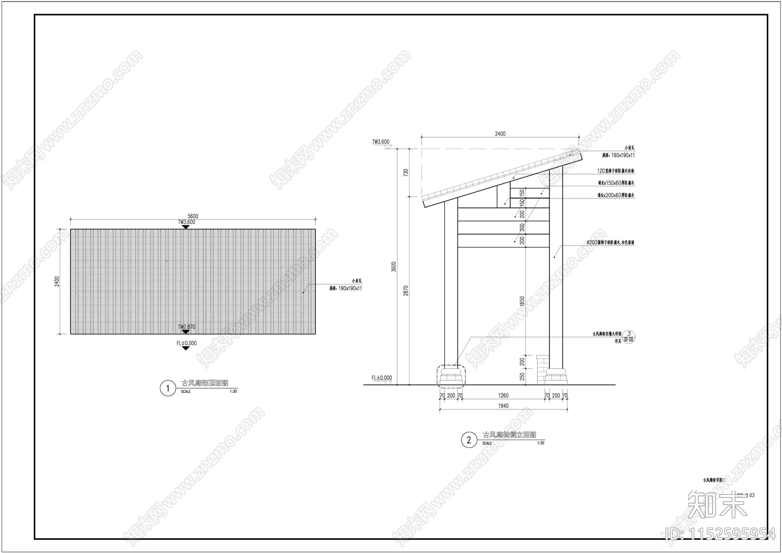 古风廊架详图cad施工图下载【ID:1152595954】