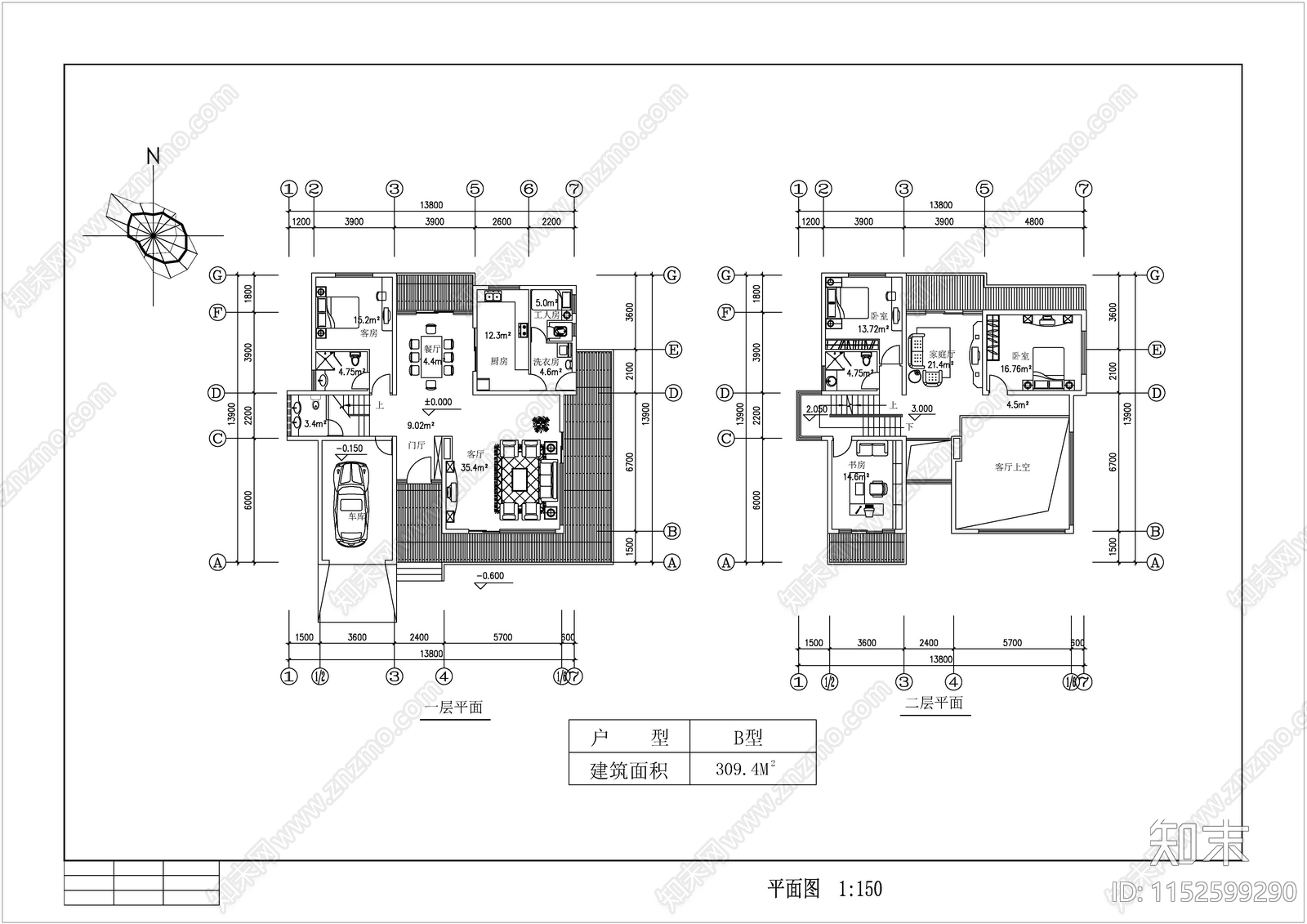 别墅建筑cad施工图下载【ID:1152599290】