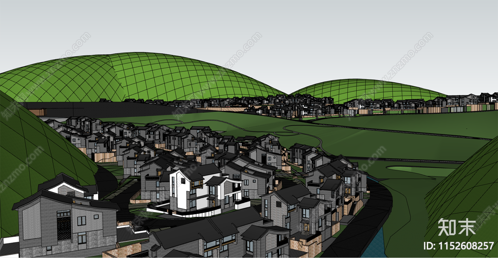 新中式新杭派小区建筑SU模型下载【ID:1152608257】
