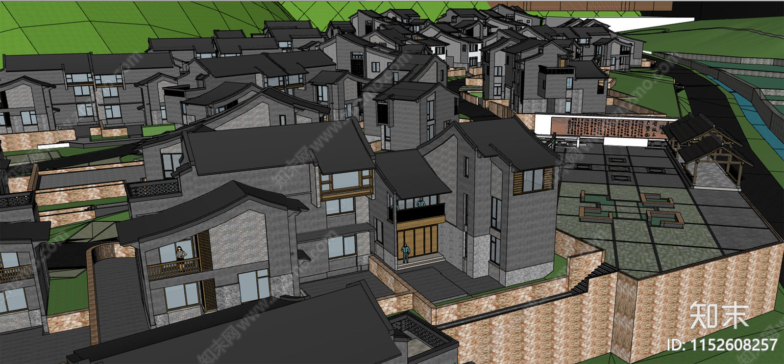 新中式新杭派小区建筑SU模型下载【ID:1152608257】