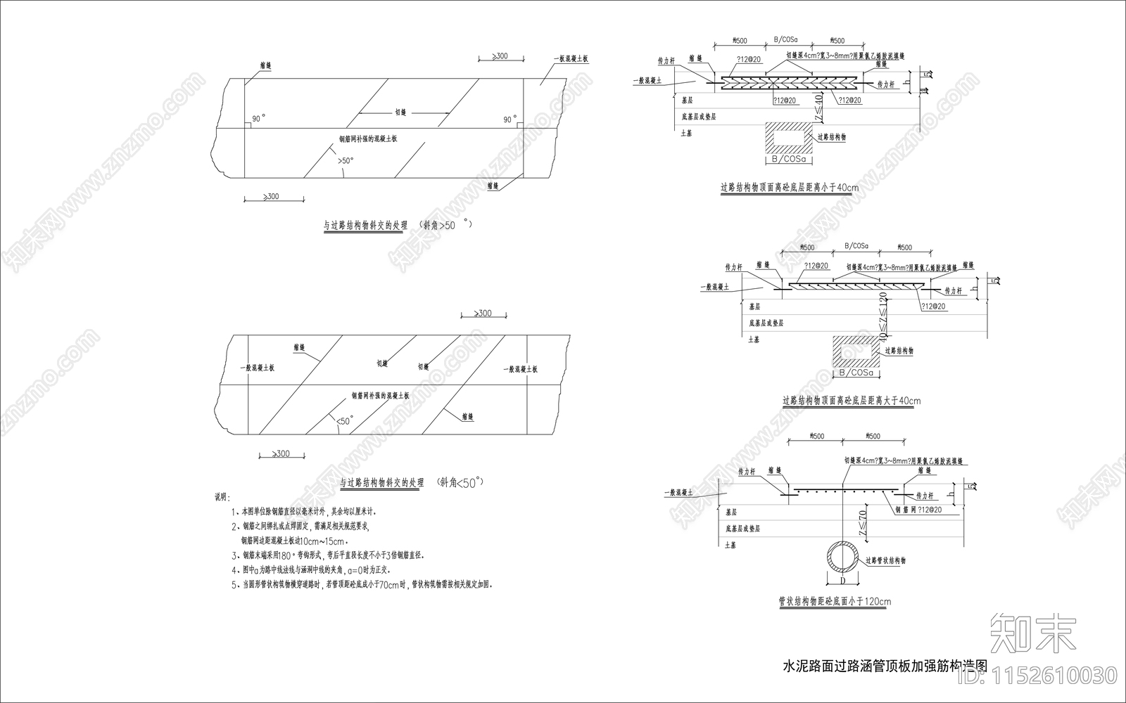 市政道路水泥路面过路涵管顶板加强筋构造图cad施工图下载【ID:1152610030】