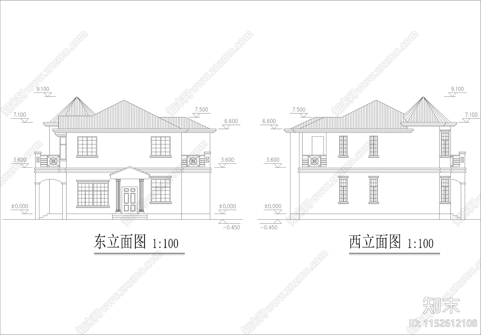 欧式简约别墅cad施工图下载【ID:1152612108】