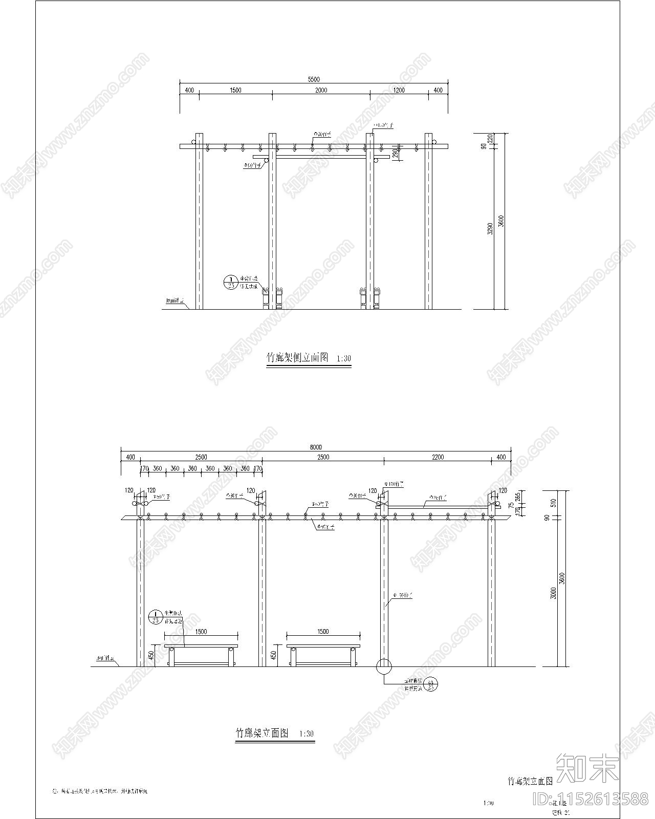 现代竹廊架顶平面图cad施工图下载【ID:1152613588】