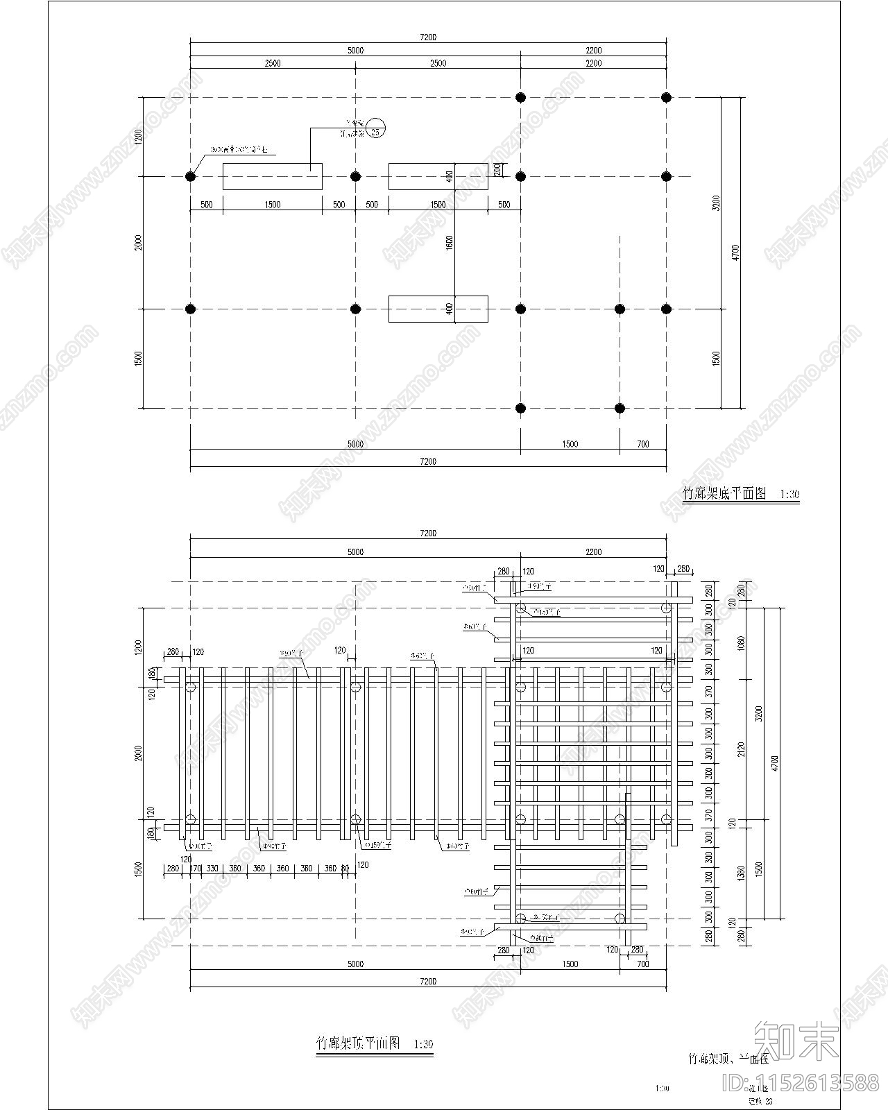 现代竹廊架顶平面图cad施工图下载【ID:1152613588】