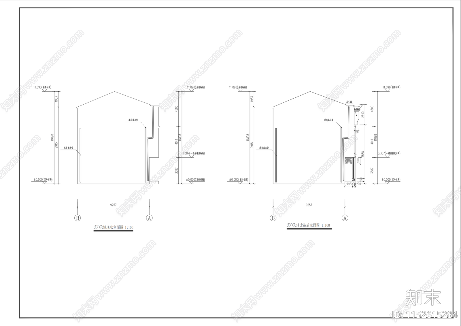 中式红色文化沿街外立面改造cad施工图下载【ID:1152615284】