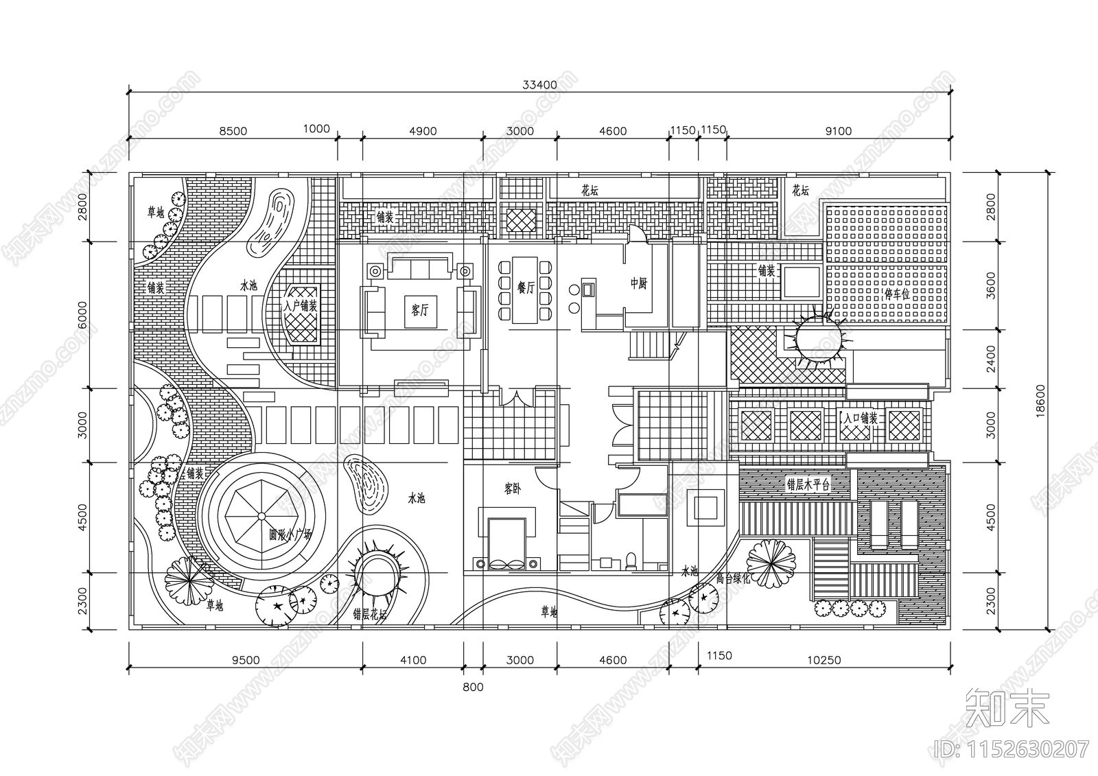 别墅庭院建筑平面图cad施工图下载【ID:1152630207】