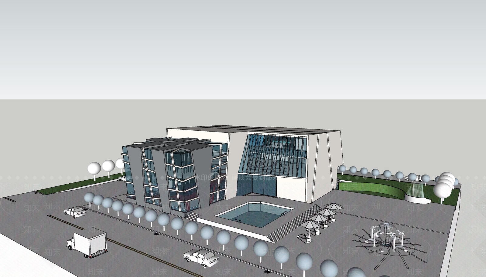 现代展览馆建筑SU模型下载【ID:1152627330】