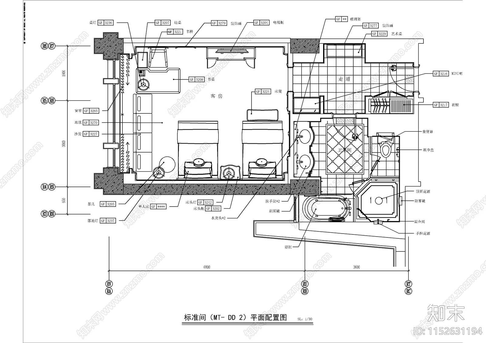 丽思卡尔顿酒店客房cad施工图下载【ID:1152631194】