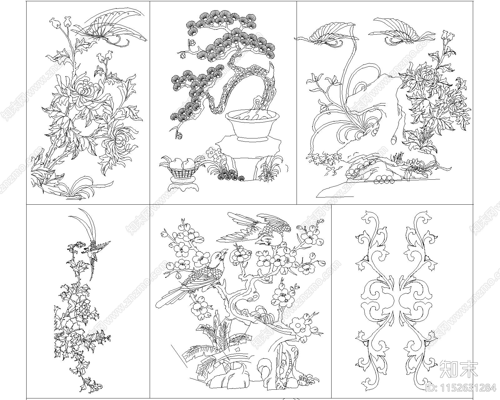 中式元素雕花雕刻图案施工图下载【ID:1152631284】