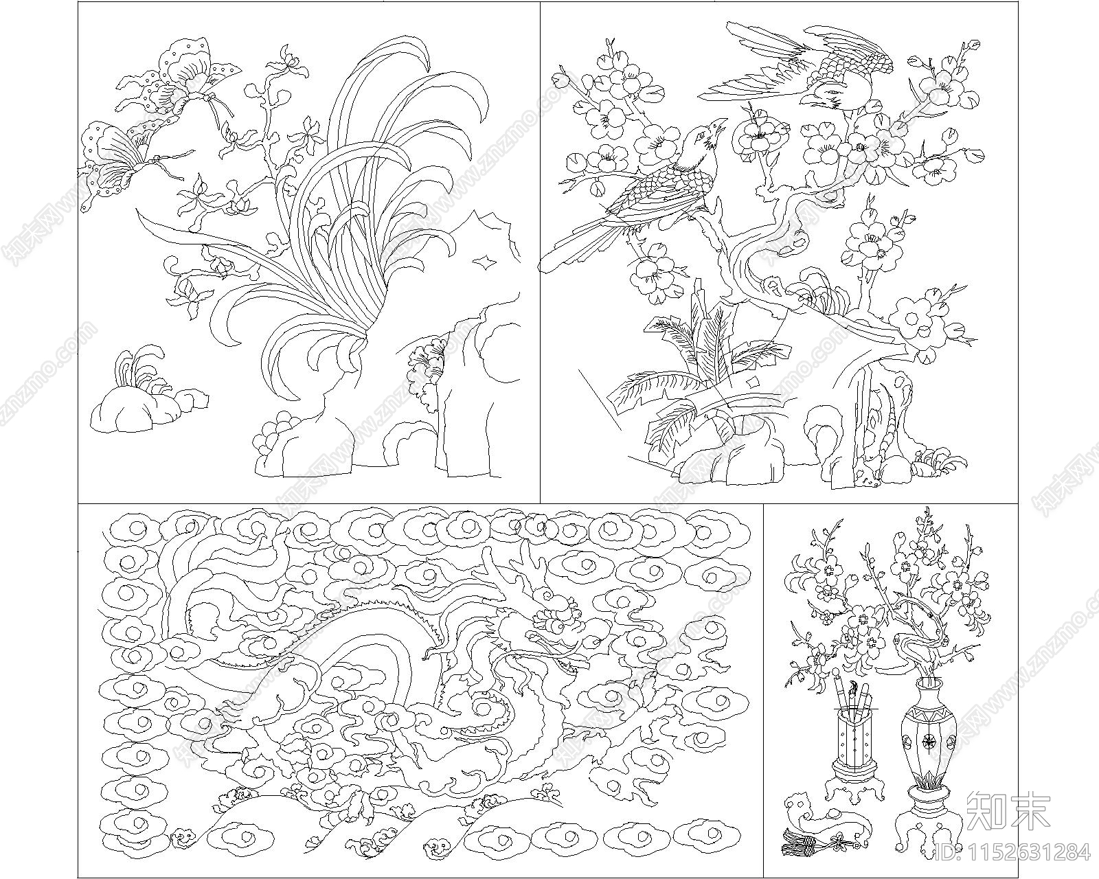 中式元素雕花雕刻图案施工图下载【ID:1152631284】