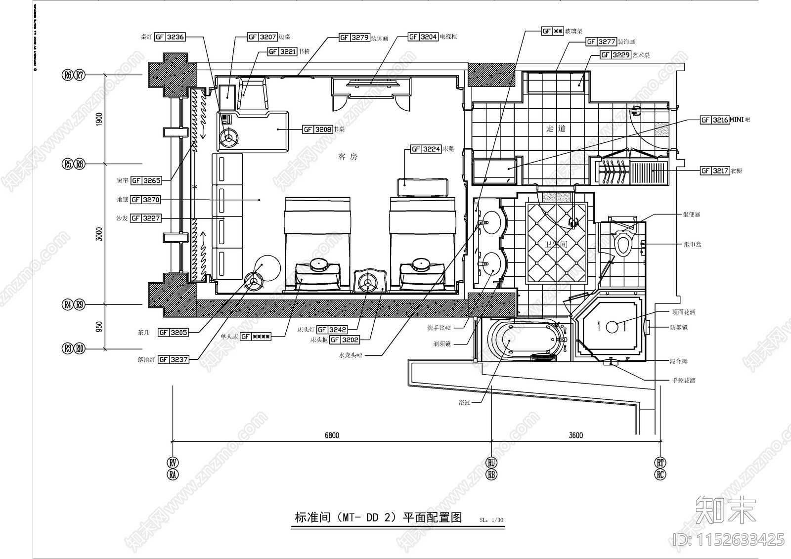 丽思卡尔顿酒店客房cad施工图下载【ID:1152633425】