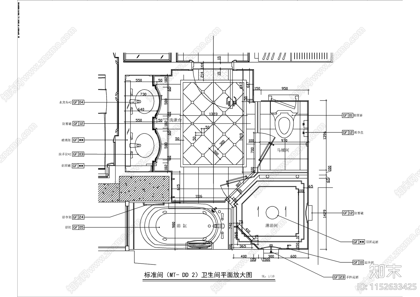 丽思卡尔顿酒店客房cad施工图下载【ID:1152633425】