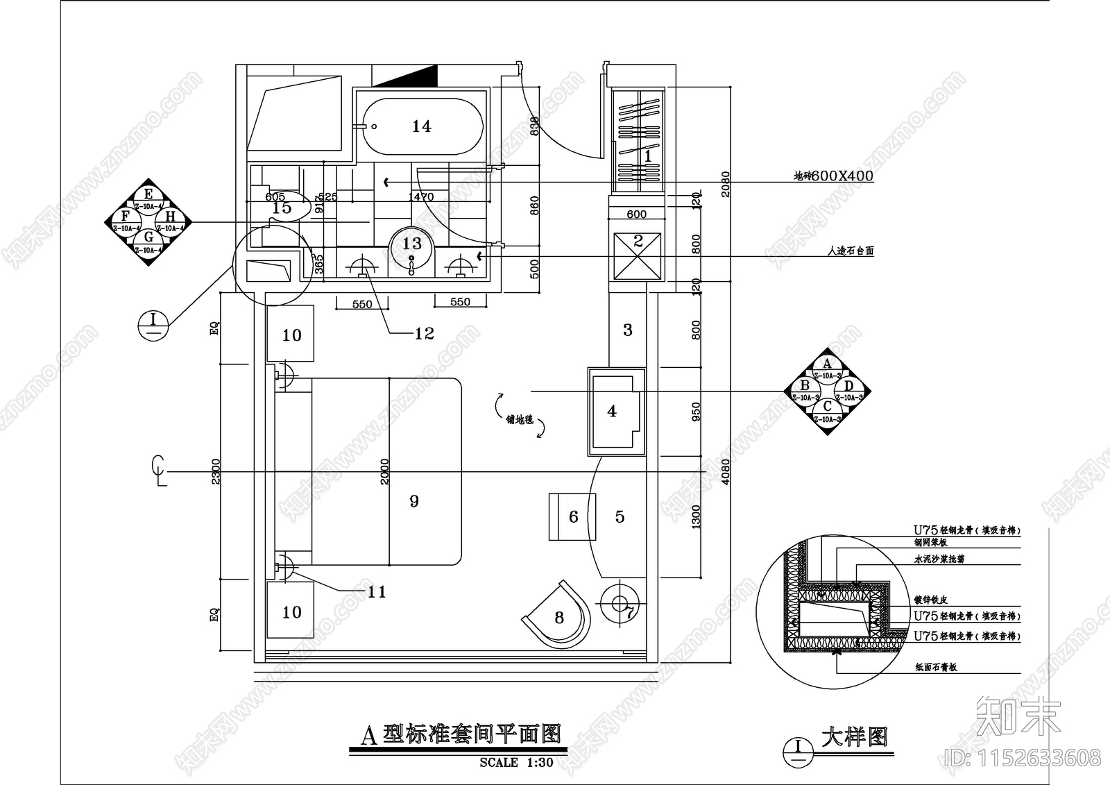 四星酒店客房cad施工图下载【ID:1152633608】