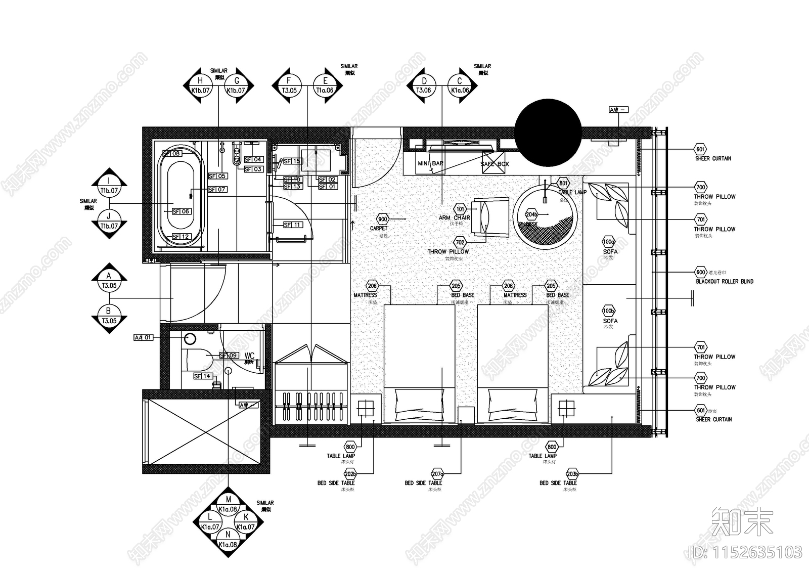五星级时尚华丽酒店空间cad施工图下载【ID:1152635103】