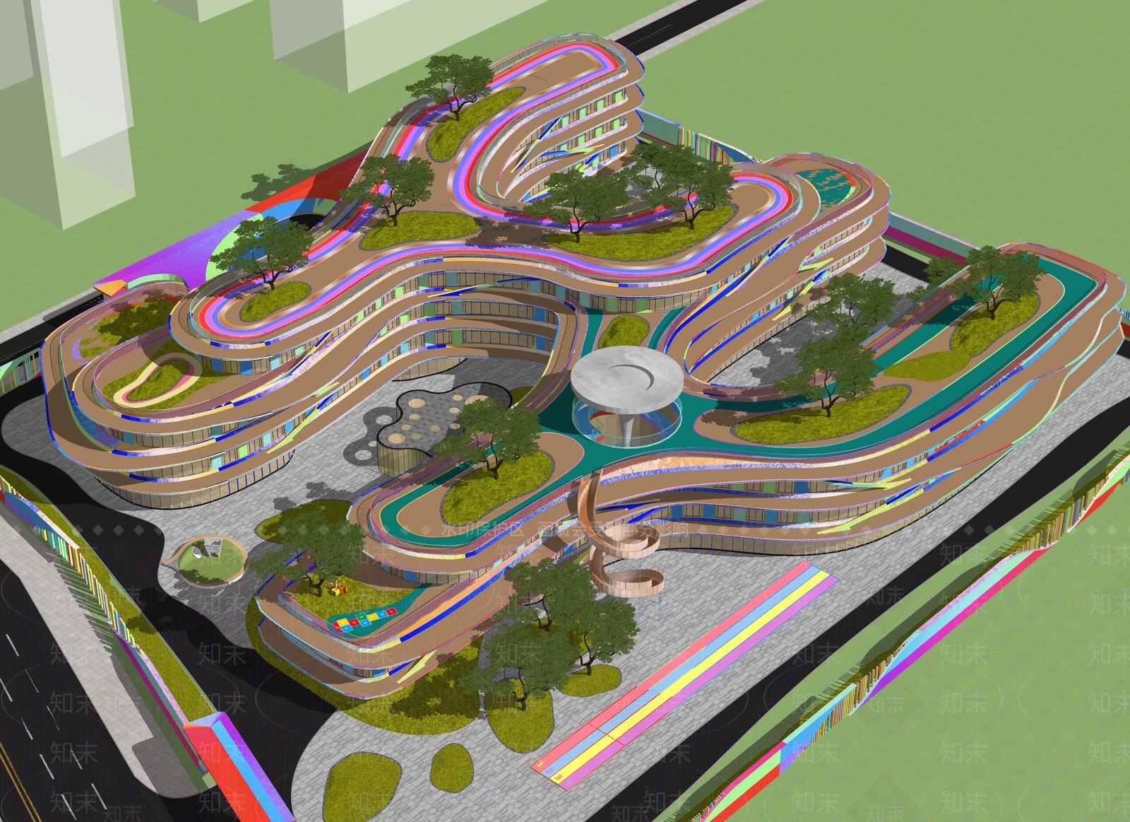 现代流线一体造型幼儿园建筑SU模型下载【ID:1152640608】