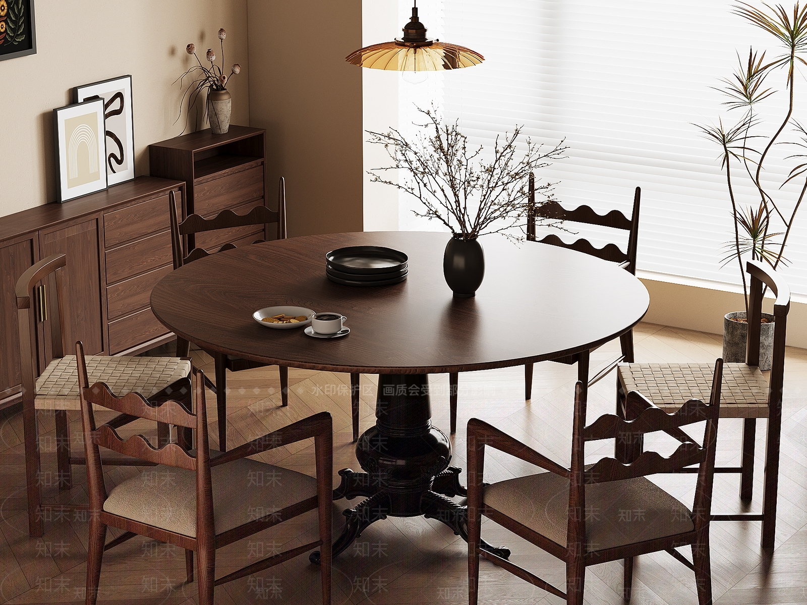 侘寂中古风餐桌椅组合3D模型下载【ID:1152644636】