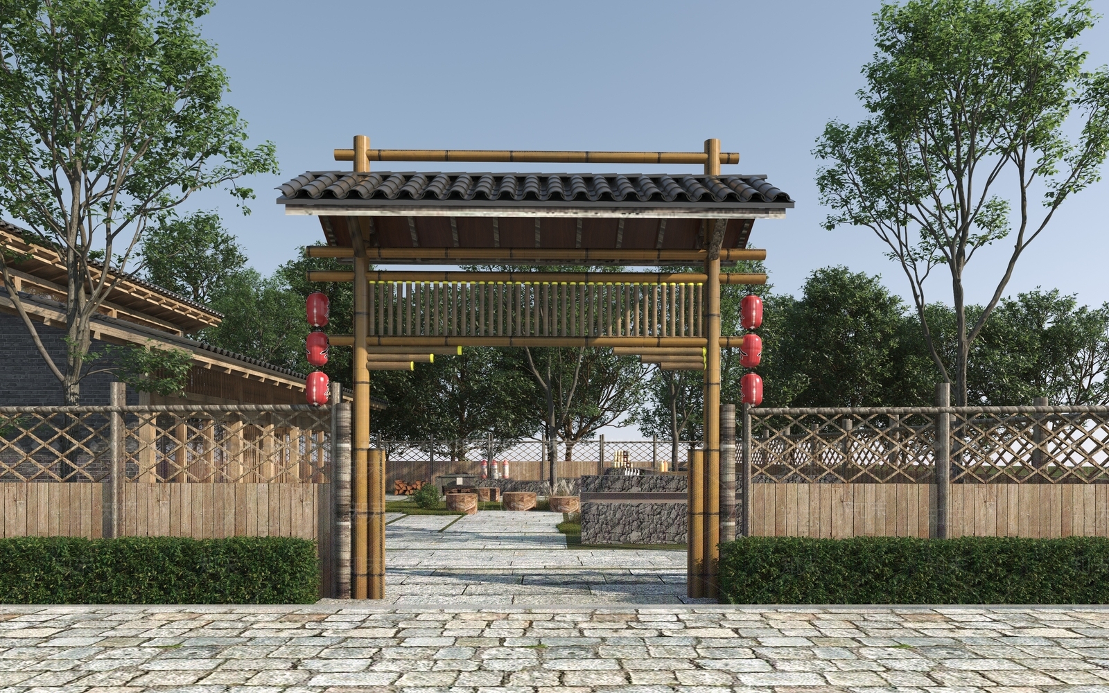 新中式民宿入口大门3D模型下载【ID:1152657280】