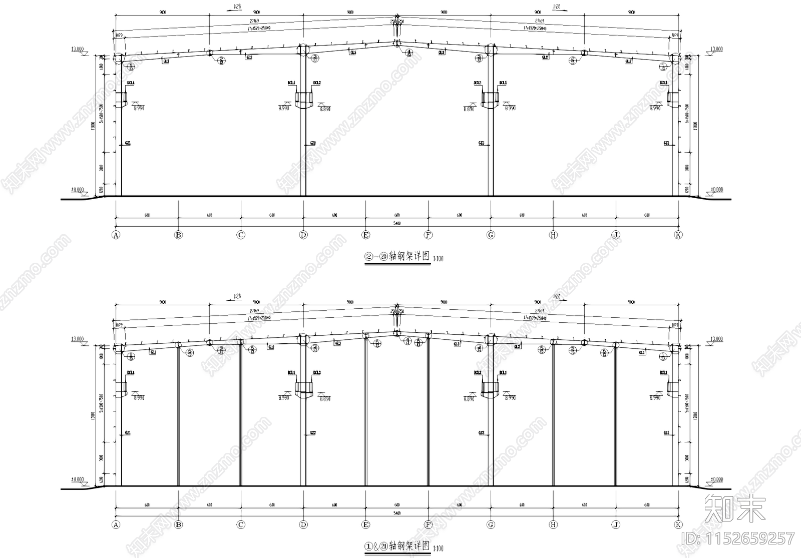 钢结构单层吊车车间仓库厂房工业建筑结构cad施工图下载【ID:1152659257】