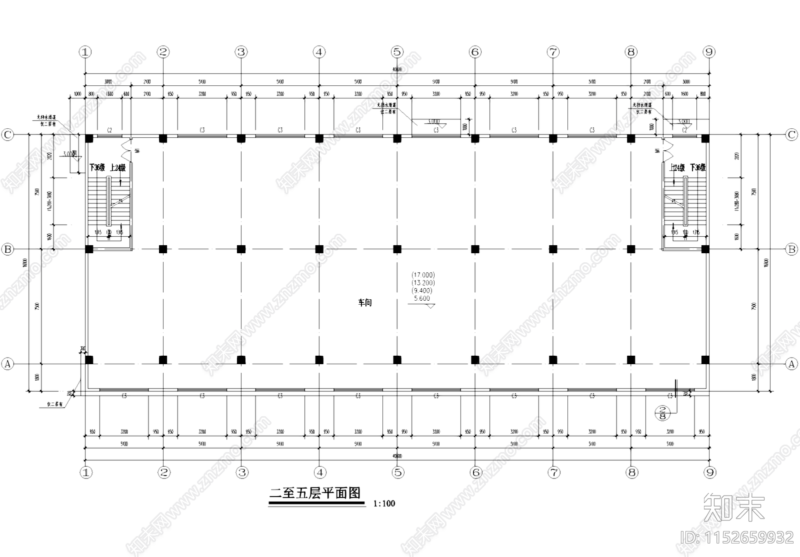 五层框架结构丙类厂房车间工业建筑cad施工图下载【ID:1152659932】