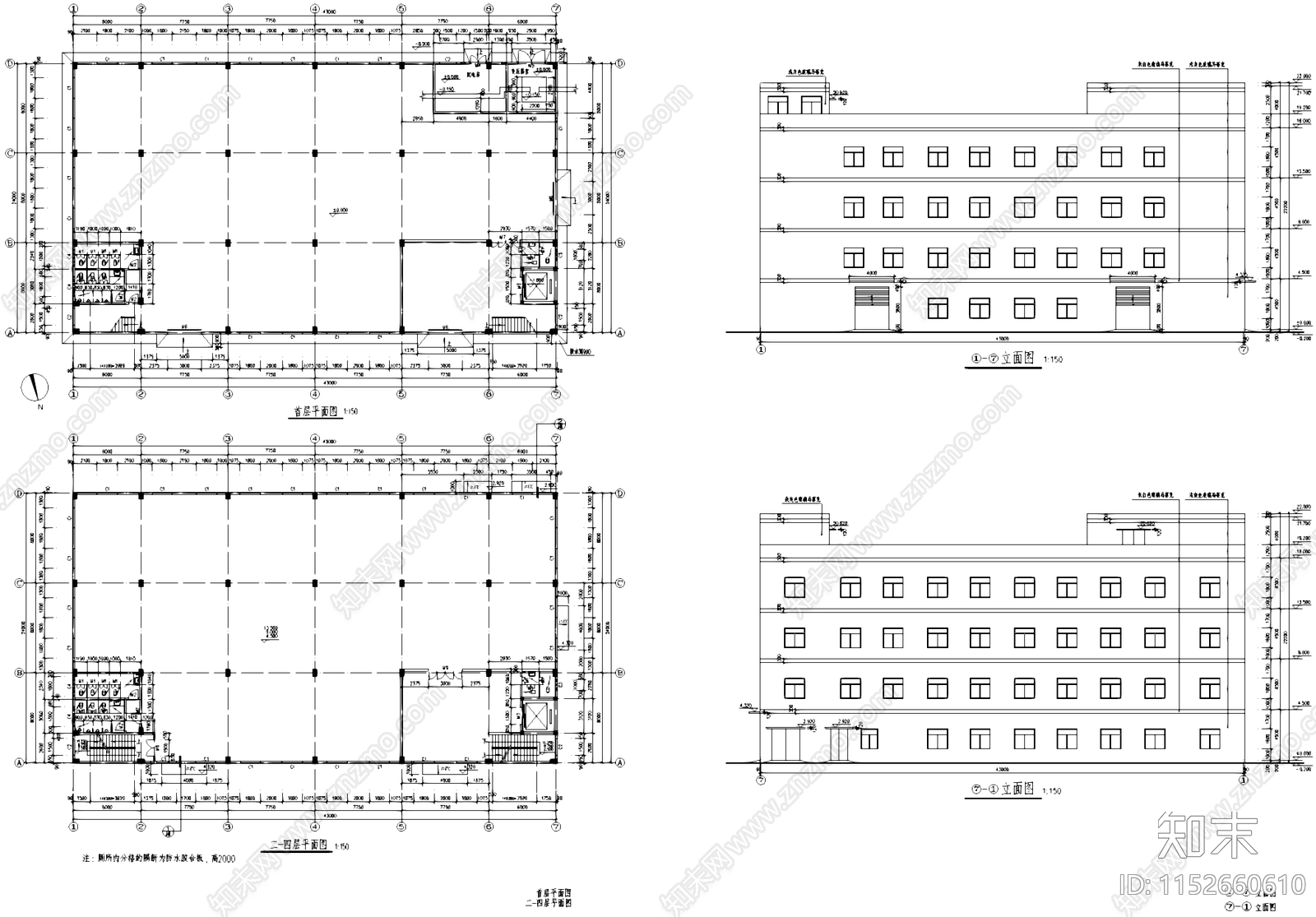 五层车间厂房仓库工业建筑cad施工图下载【ID:1152660610】