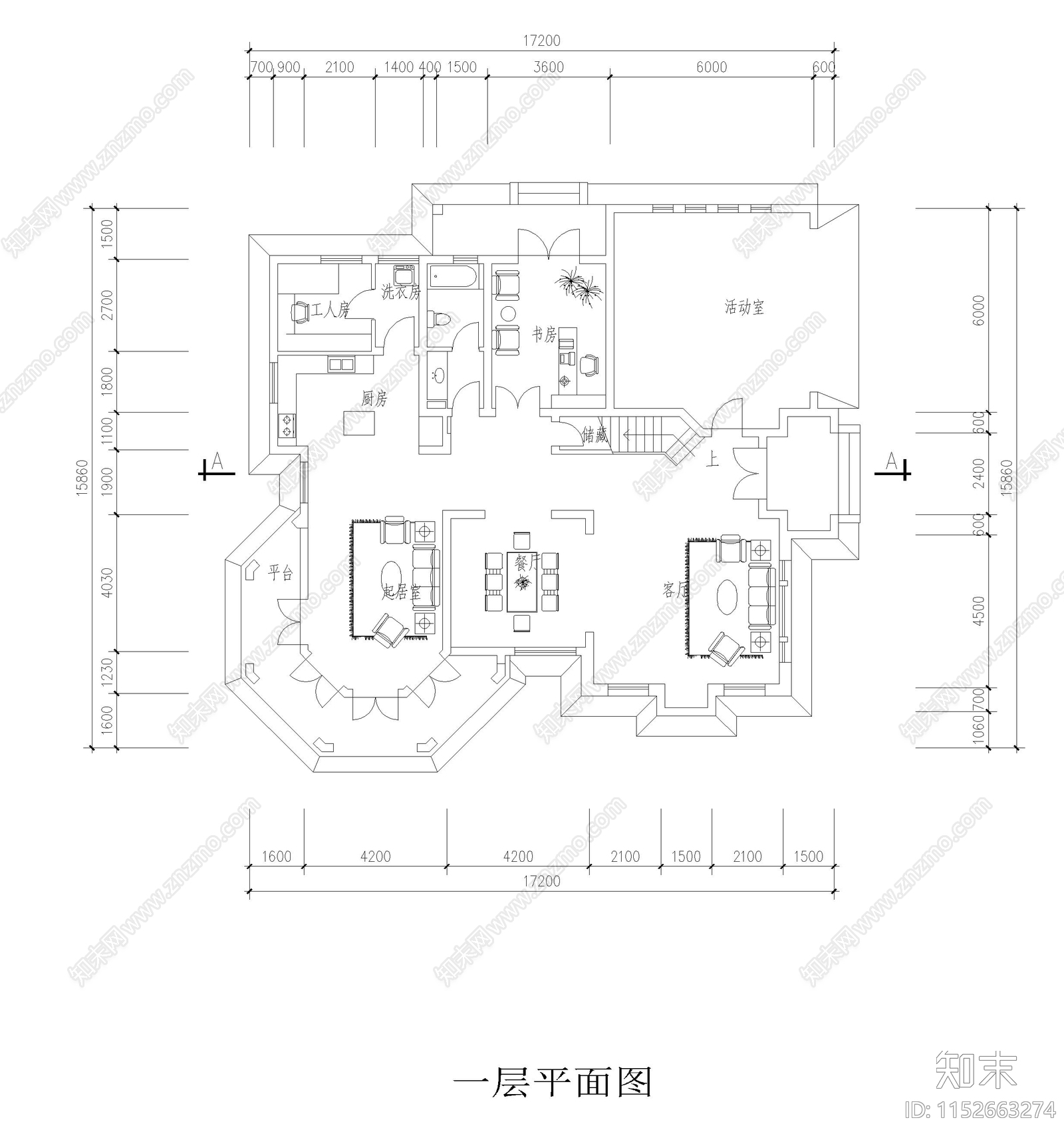 别墅建筑平面图cad施工图下载【ID:1152663274】