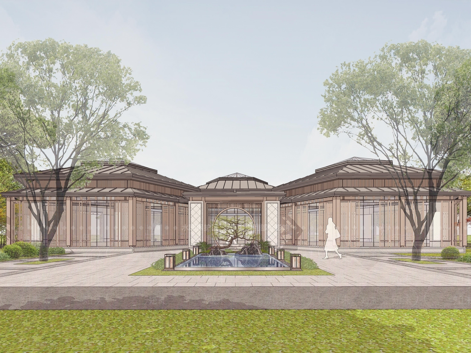 新中式展览馆建筑SU模型下载【ID:1152666401】