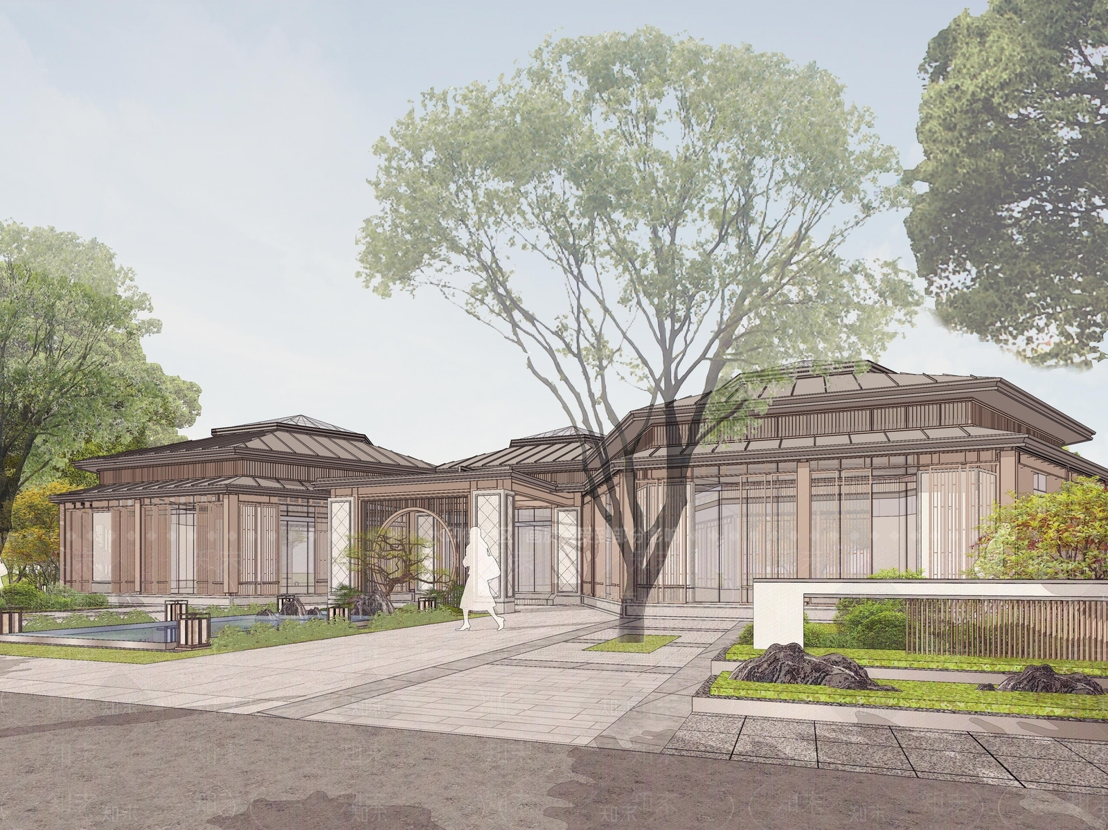 新中式展览馆建筑SU模型下载【ID:1152666401】