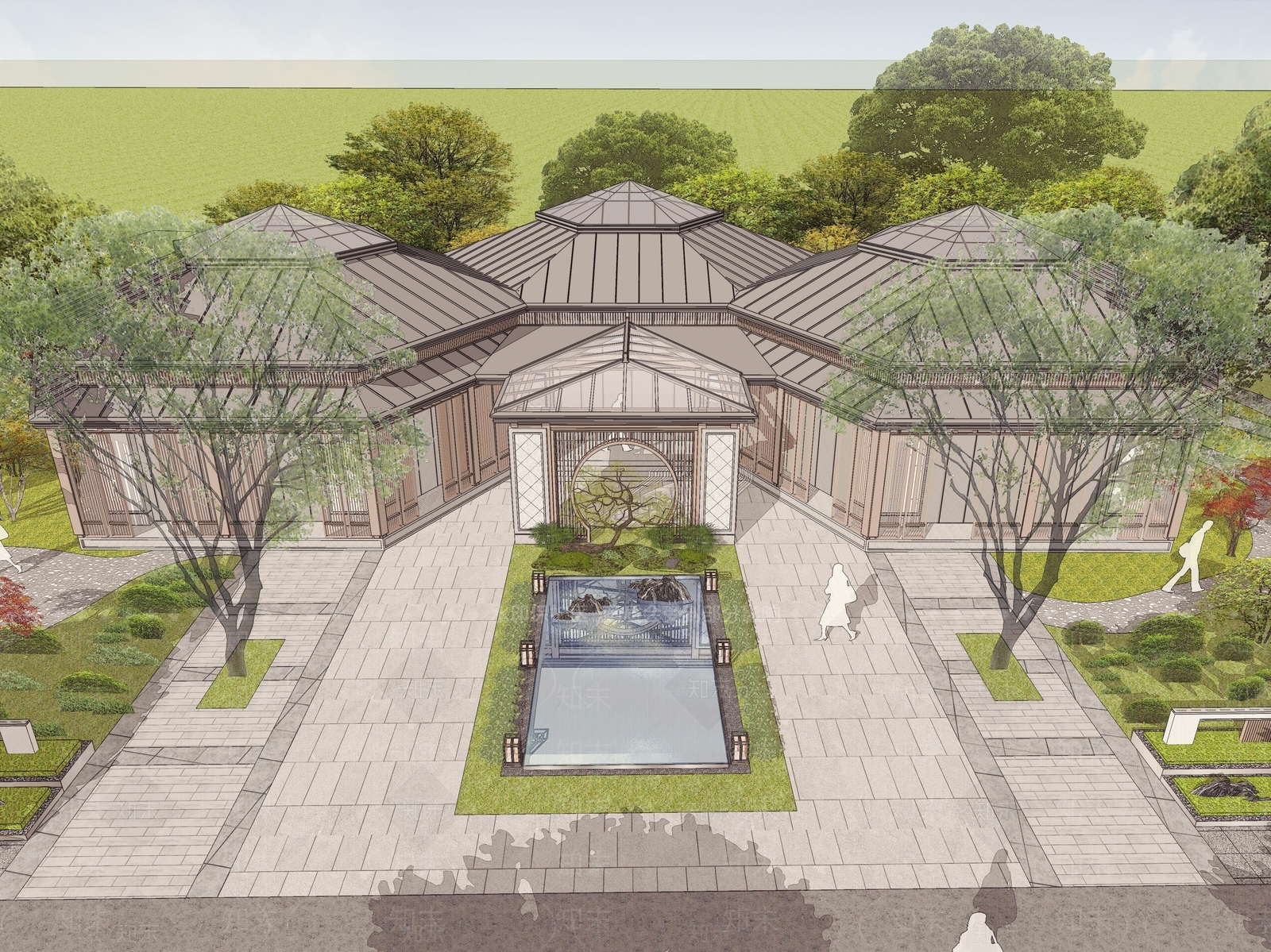 新中式展览馆建筑SU模型下载【ID:1152666401】