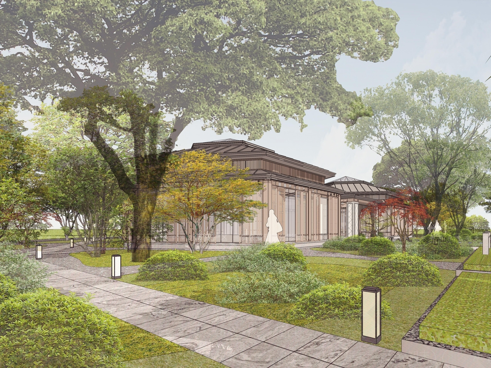 新中式展览馆建筑SU模型下载【ID:1152666401】