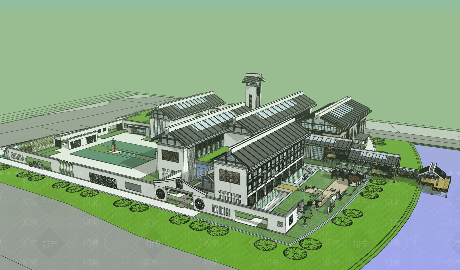 新中式展览馆建筑SU模型下载【ID:1152668004】