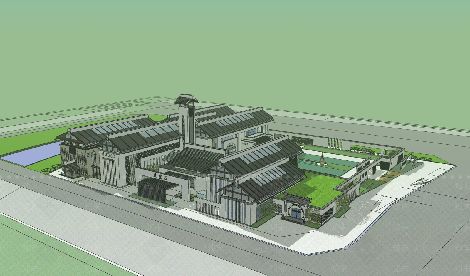 新中式展览馆建筑SU模型下载【ID:1152668004】