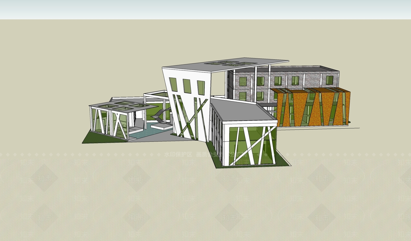 现代绿色展览馆建筑SU模型下载【ID:1152668142】