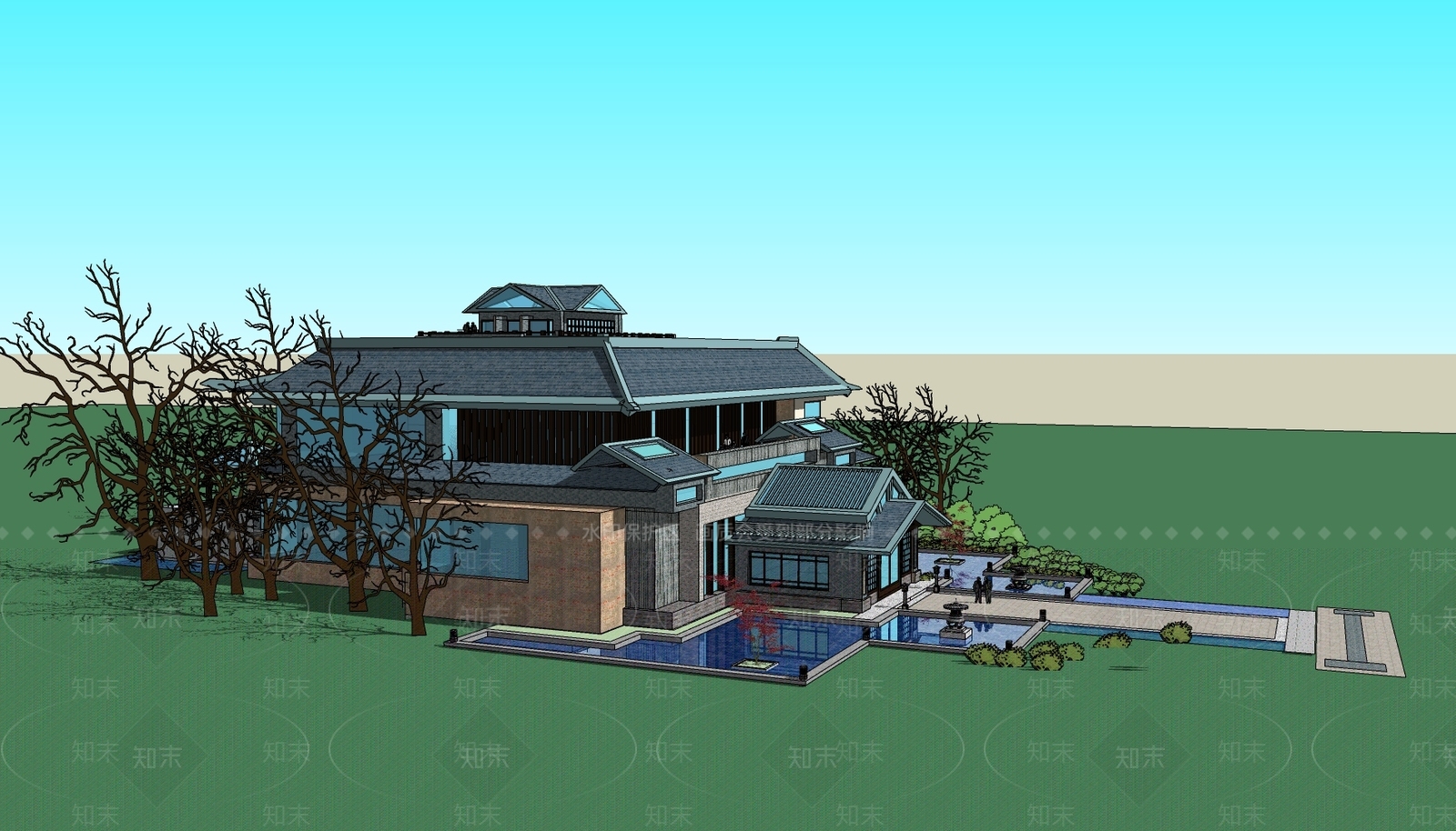 新中式展览馆建筑SU模型下载【ID:1152684801】