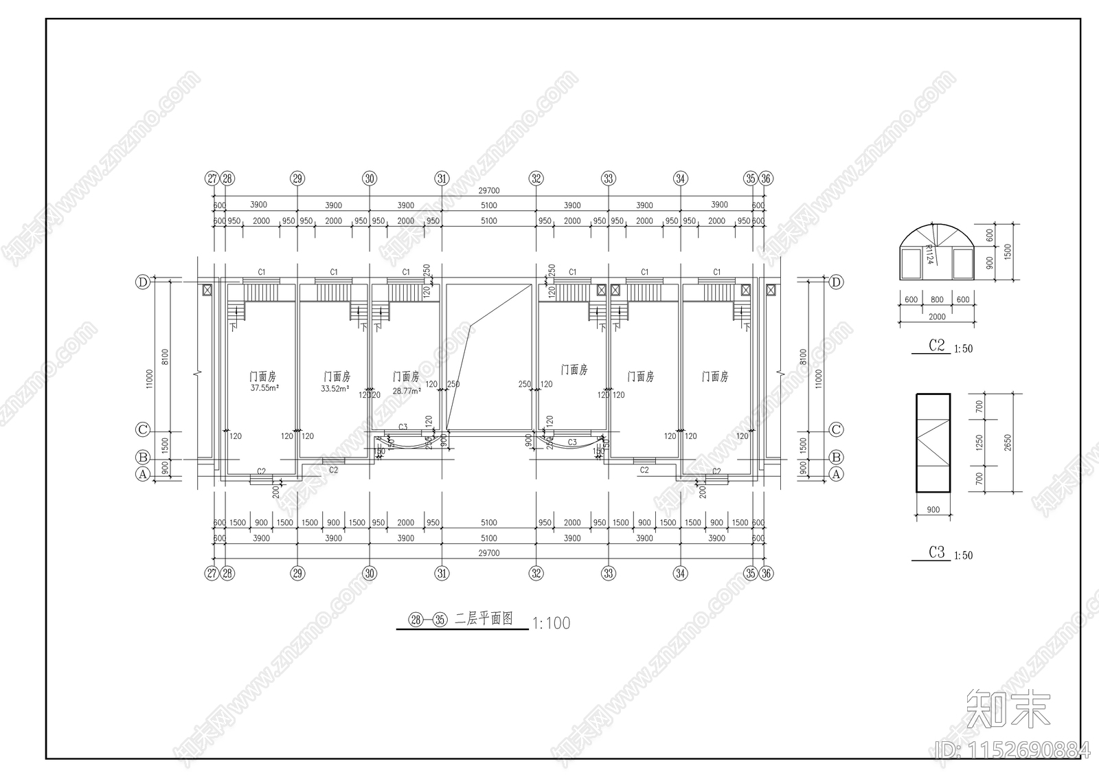 二层商业楼门cad施工图下载【ID:1152690884】