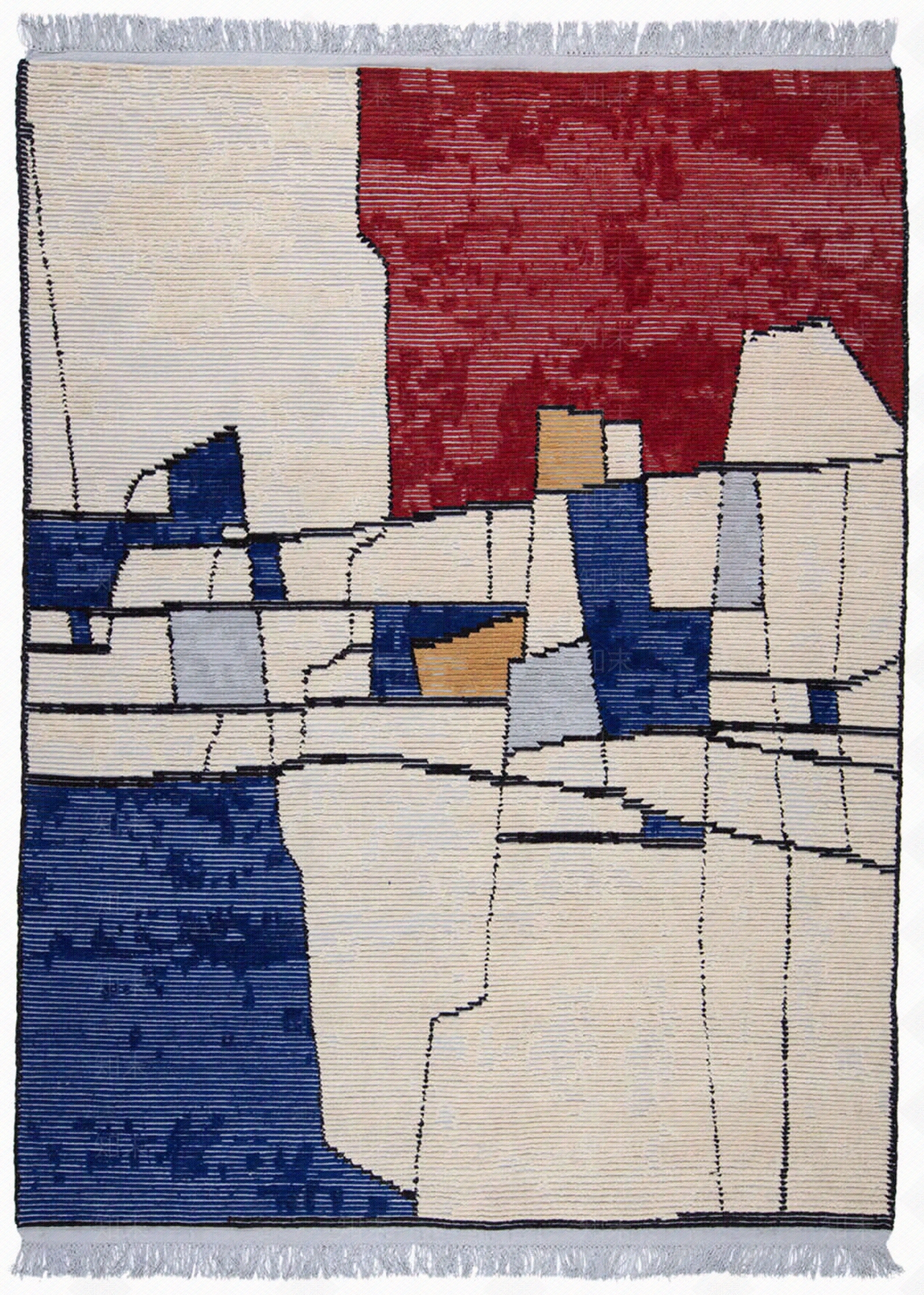 现代简约红蓝色几何线条图案地毯贴图下载【ID:1152697217】