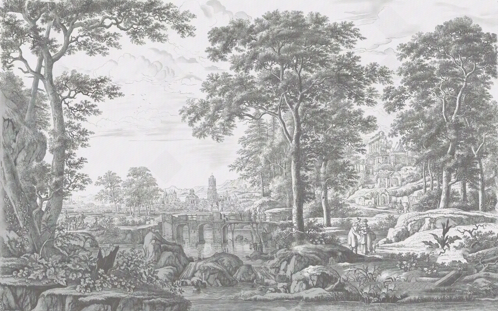 黑白欧式文艺复兴植物壁画壁纸贴图下载【ID:1152705725】